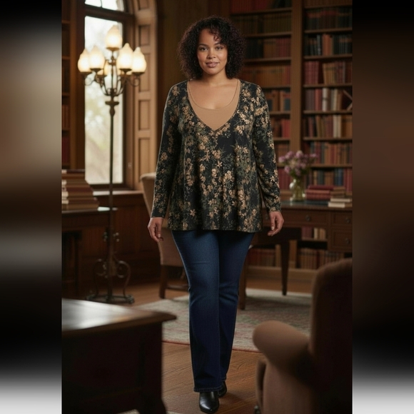 Downing Studio Tops - 🫶🫶2 For 1! Floral Long Sleeve Top in Navy Blue AND Tan Sleeveless Top Together